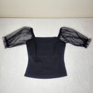 Black Sheer Puff Sleeve Pearls Preppy Breakfast At Tiffanys Classy Top Sz XS NWT